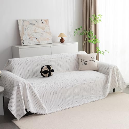 Loveseat Cover White Couch Cover Sectional Couch Covers for 2 Cushion Couch Sofa Thick Universal Chenille Sofa Cover with Tassel Durable Furniture Protector for Dogs 91" x 118" (91" x 118" / 9# Lines White)