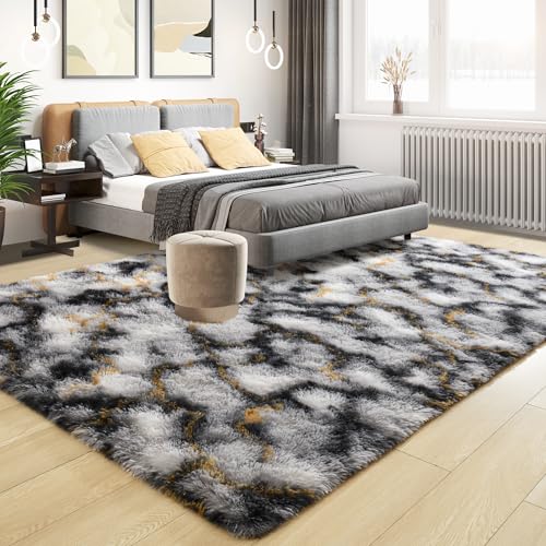 Soft Fluffy Rugs for Bedroom (White Black Gold / 4' X 6' (Rectangular))