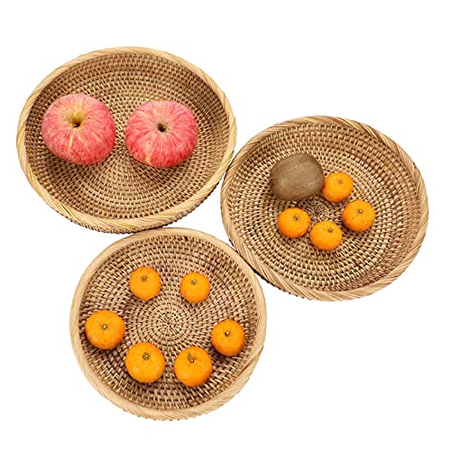 Set of 3 Key Basket Bowl for Entryway Woven Wicker Storage Basket Bowl Round Rattan Serving Basket Tray Fruit Snacks Candy Organizer Bowl for Keys Wallet Cell Phone Home Decor (Set of 3 (X-Small 7.6", Small 8.6", Medium 9.9") / Natural Color)