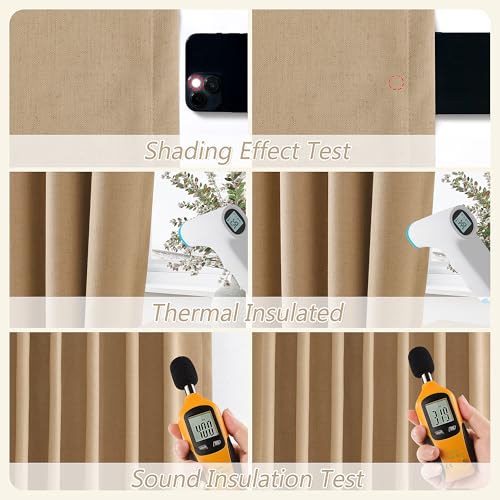 Camel Brown 100% Blackout Linen Curtains 102 Inch Length 2 Panels Set for Living Room Back Tab Thermal Insulated Black Out Drapes Room Darkening Farmhouse Style for Bedroom Window Curtains (Camel Brown / 52"W x 102"L (Pack of 2))