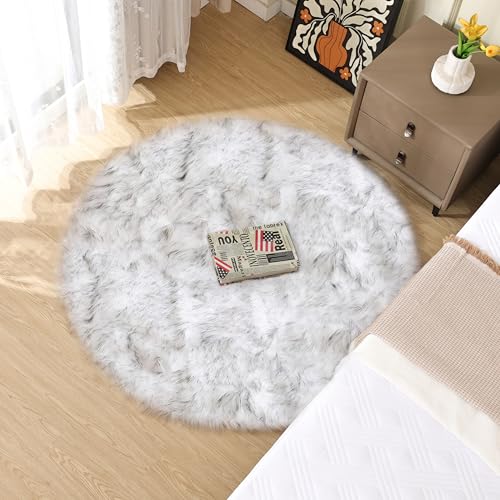 Grey and White Plush Machine Washable Area Rugs for Bedroom Small Circle Furry Faux Sheepskin Fur Rug for Living Room Nursery Round Rug 3ft (3' (Round) / White With Grey Tips)
