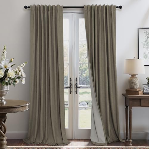 Brown Room Darkening Curtains 96 Inch Long for Living Room Dining Back Tab Linen Blackout Drapes Rustic Neutral Energy Efficient Black Out Window Curtain Panels for Bedroom Home Office Earth Cottage (Brown / 52"W x 96"L (Pack of 2))