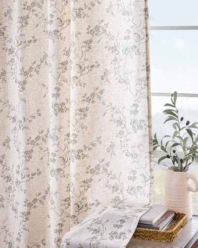 Extra Long Grey Vintage Floral Linen Curtains Farmhouse 2 Panels (Grey on Beige / 50"W x 108"L (Pack of 2))