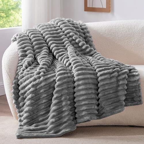 Ribbed Fleece Throw Blanket for Couch (Grey / Throw XL(50"x70"))