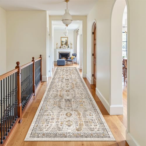 Hallway Runner Rug 3x12 Washable Kitchen Runners 12ft (Brown/Gold / 3' x 12' (Runner))