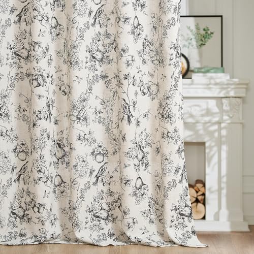 Black Floral Linen Curtains 84 Inch Vintage Back Tab 2 Panels (Black Floral on Linen / 50"W x 84"L (Pack of 2))