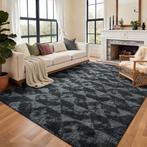 6x9 Ft Large Shag Rugs for Bedroom Living Room for Men Boys (Fb Black Grey 5sm06 / 6' X 9' (Rectangular))
