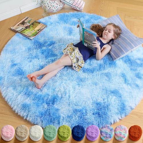 Tie Dyed Light Blue Round Rug 4Ft for Girls Bedroom Baby Nursery (Tie-dyed Blue / 4' (Round))