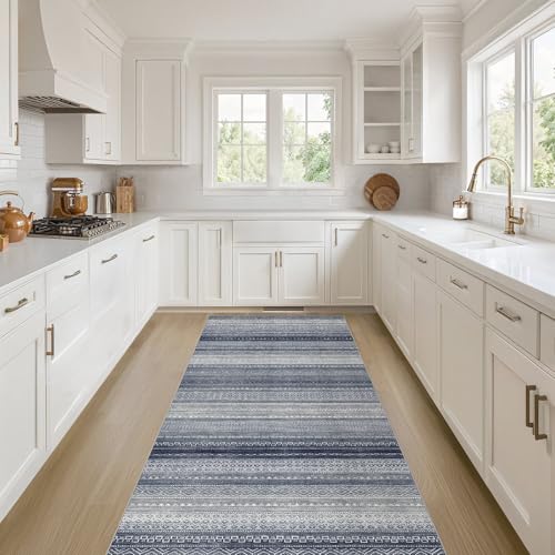 Boho 2x6 Runner Rug Machine Washable Rugs Non Slip Denim Blue (Denim Blue / 2' X 6' (Runner))