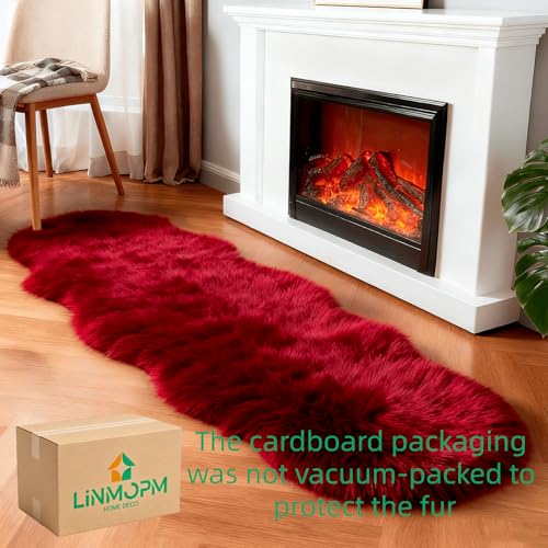 Faux Fur Rug Sheepskin Shag Fluffy Fuzzy Red 2x6 ft Runner Rugs for Bedroom Bedside Bed Floor Living Room Plush High (2' x 6' (Runner) / Red)