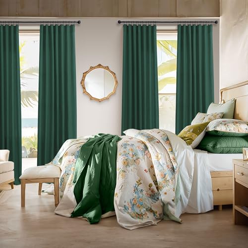 Dark Green Curtains 84 Inch Length for Bedroom 2 Panels Back Tab Pocket Hunter Green Drape Light Filtering Semi Sheer Linen Forest Emerald Green Curtain for Living Room Boho Christmas Decor 52x84 Long (52"W x 84"L (Pack of 2) / Hunter Green)