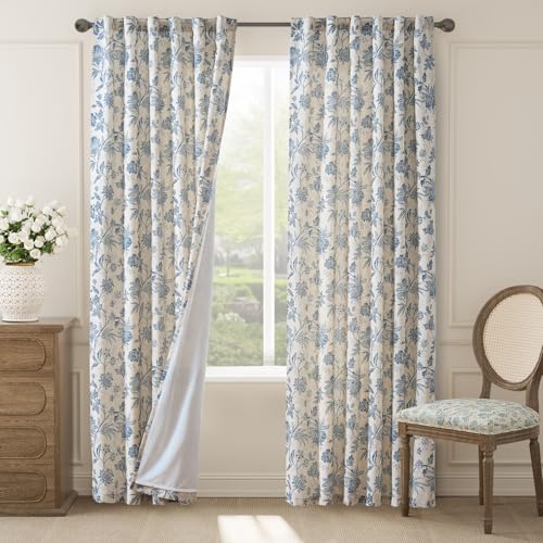 Blue Floral Linen Curtains 84 Inch Vintage Back Tab 2 Panels (*Jacobean Blue / 50"W x 84"L (Pack of 2))