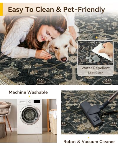 Washable Area Rug (Black/Vintage/Beige / 4' (Round))