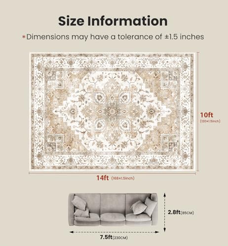 Amada Large 10x14 Washable Area Rug for Living Room (10' x 14' (Rectangular) / Distressed Beige/Cream)