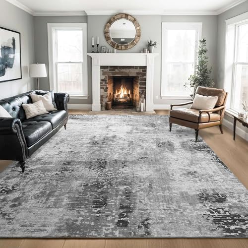 Living Room Rug 8x10 Gray Area Rugs Machine Washable Abstract Boho Large Rug Non (Grey / 8' x 10' (Rectangular))