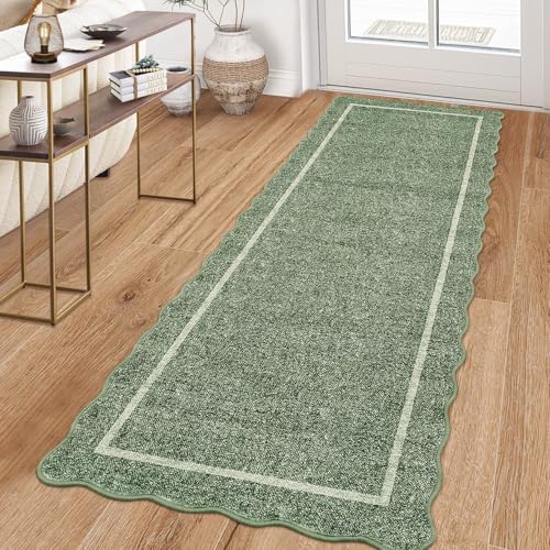 Scalloped Washable Runner Rug 2x8 Non Slip Kitchen Rugs (Greyish Green / 2' x 8' (Runner))