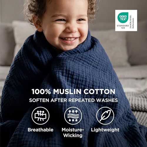 100% Cotton Muslin Blanket Queen Size for Bed (08 - Navy Blue / Queen (90" X 90"))