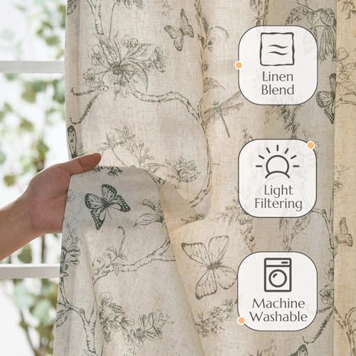 Grey Floral Linen Curtains Lined 63 Inch Vintage Back Tab 2 Panels (Charlotte Grey / 50"W x 63"L (Pack of 2))