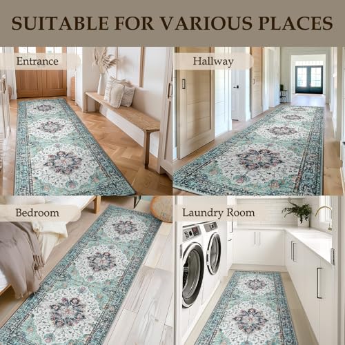 Washable Area Rug (Teal Green/White/Navy / 2' x 10' (Rectangular))