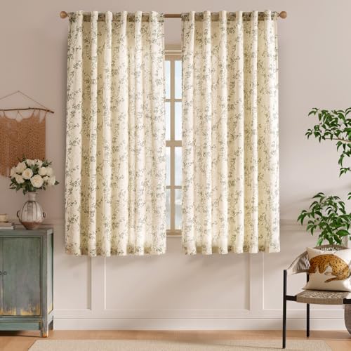 Green Vintage Floral Linen Curtains Farmhouse 50W X 63L 2 Panels (Green on Beige / 50"W x 63"L (Pack of 2))