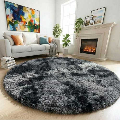 Tie Dyed Dark Grey Circle Area Rug 5Ft for Men Bedroom Living Room (Tie-dyed Dark Grey / 5' (Round))
