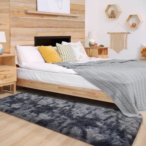 Soft Runner Rugs for Bedroom Living Room Plush Fluffy Rug 2x10 (Grey and Black / 2' x 10' (Runner))