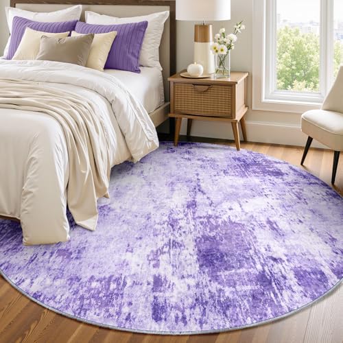 Washable Round 6ft Area Rug for Living Room Purple (Purple/Gray/Pink/White / 6' (Round))