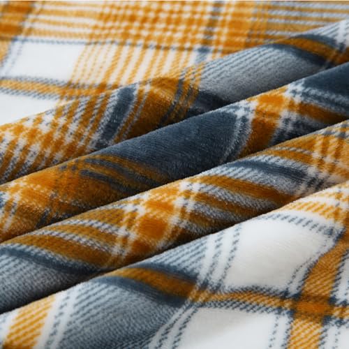 Sherpa Blanket Queen Plaid Thick Bed Blanket (Blue Yellow Check / 80"*90")