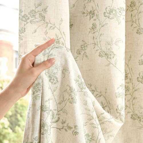 Blackout Vintage Floral Linen Curtains Green on Beige 50×96 2 Panels (Green / 50"W x 96"L (Pack of 2))