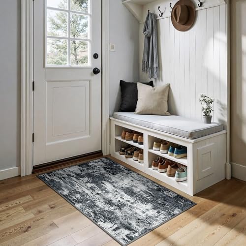 Washable 3'x4' Abstract Area Rug for Living Room Black White (Black/Navy Blue/Gray / 3' x 4' (Rectangular))