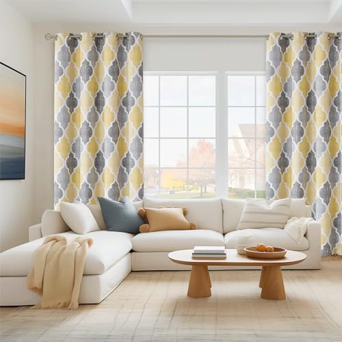 Moroccan 100% Blackout Curtains Bedroom Yellow Grey 50x63 2 Panels (Grommet | Yellow and Grey / 50"W x 63"L (Pack of 2))