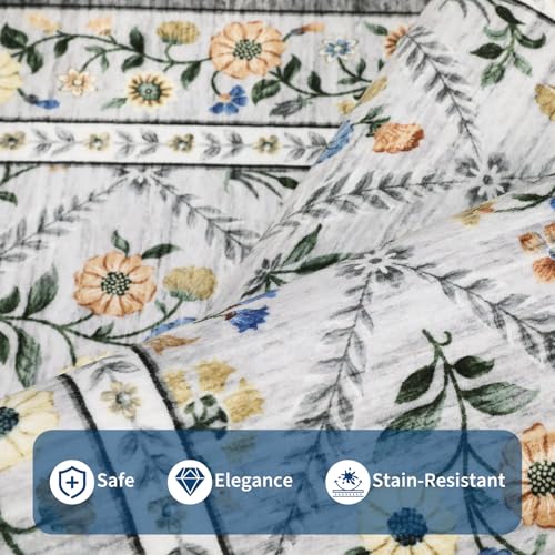 Large Area Rugs 10x13 Washable Rug for Spring Farmhouse Floral Carpet Grey Beige Soft Non Slip Low Pile Faux Wool Stain Resistant for Bedroom Kitchen Bathroom Laundry (Grey/Beige / 10' x 13' (Rectangular))