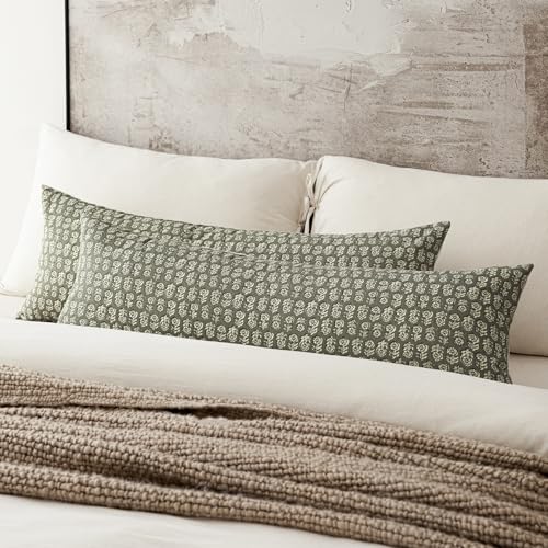 Long Floral Print Lumbar Throw Pillow Covers 14×36 Sage Green (36" x 14" (Pack of 2) / Mosstone)