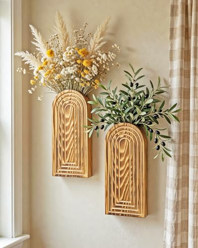 2 Pack Wooden Wall Vase Set (Burnt Wood / Medium)