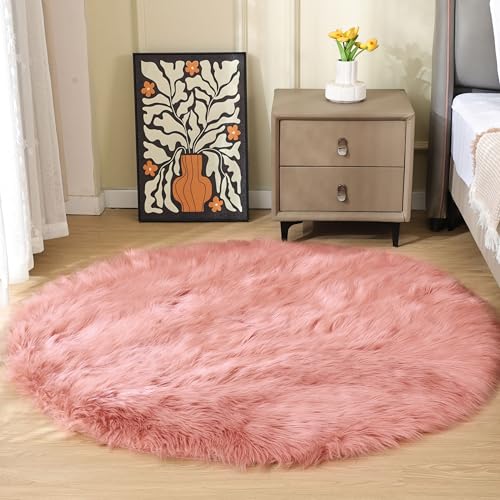 Pink Washable Fluffy Round Rugs for Bedroom Girls Shag Faux Sheepskin Fuzzy Fur Rugs for Living Room Circle Area Rug for Kids Round Rug 5ft (5' (Round) / Pink)