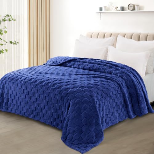 3D Checkered Fleece King Blanket for Bed (Cobalt Blue / King (104"x90"))
