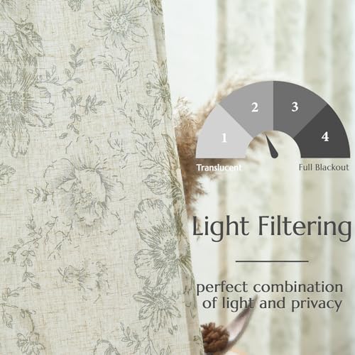 Floral Lined Linen Curtains 63 Long for Living Room 2 Panels (Lined Green / 50"W x 63"L (Pack of 2))