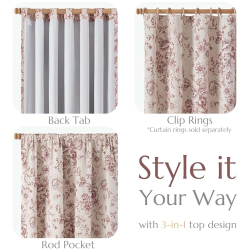Floral Linen Blackout Curtains for Bedroom 63 Inches Long (Red / 50"W x 63"L (Pack of 2))