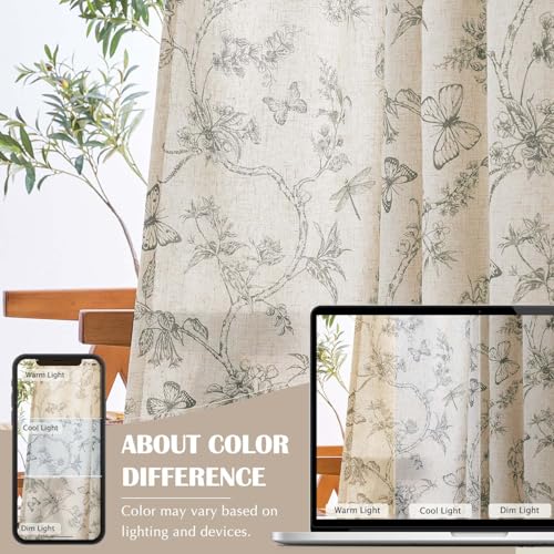 Grey Floral Linen Curtains Lined 63 Inch Vintage Back Tab 2 Panels (Charlotte Grey / 50"W x 63"L (Pack of 2))