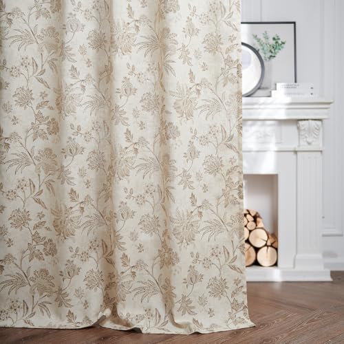Taupe Floral Linen Curtains 63 Inch Vintage Back Tab 2 Panels (*Jacobean Taupe / 50"W x 63"L (Pack of 2))