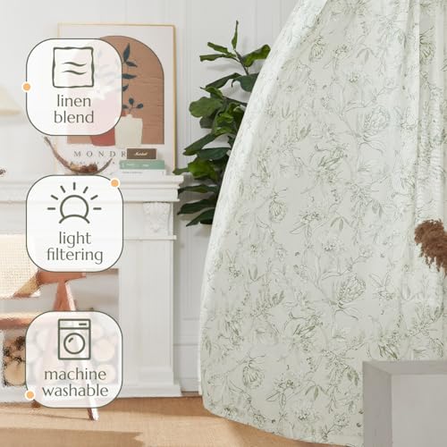 Green Floral Linen Curtains 84 Inch Vintage Back Tab 2 Panels (Flower Green on White / 50"W x 84"L (Pack of 2))