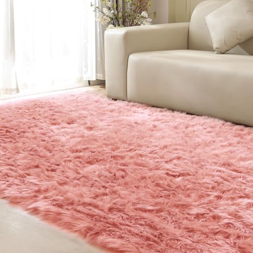 Pink Shag Washable 5x7 Area Rugs for Living Room Big Fluffy Sheepskin Fur Rug for Bedroom Shaggy Nursery Rug (5' x 7' (Rectangular) / Pink)