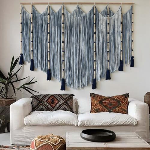 Macrame Wall Hanging Blue Dip Dye Bead Boho Home Decor 57"x43" (Blue)