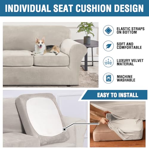 Modern Velvet Plush 4 Piece High Stretch Sofa Slipcover Sofa Cover Furniture Protector Form Fit Thick Velvet Sofa Cover for 3 Cushion Couch Width Up to 90 Inch (3 Cushion Sofa / French Oak)