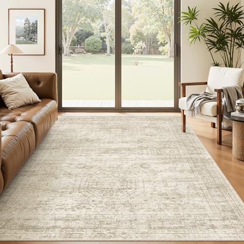 5x8 Area Rugs Beige Low Pile Washable Trendy Faded Style Rug (Beige / 5' x 8' (Rectangular))