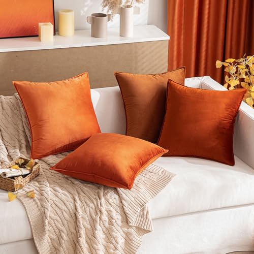 Fall Decorative Burnt Orange Velvet Throw Pillow Covers 16x16 Inch (16" x 16" (Pack of 2) / Burnt Orange)