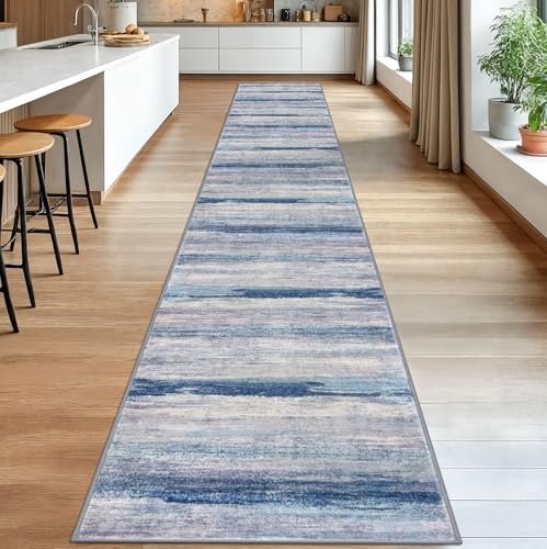 Modern Abstract Washable Long Rug Runner 2.6x18 Hallway Rug Runner Non (Blue/Grey/Beige / 2'8" x 18' (Runner))