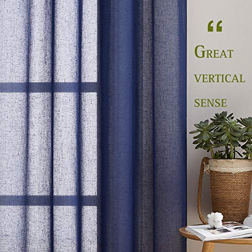 Linen Textured Sheer Curtains 96 inch Long for Living Room (70"W x 96"L (Pack of 2) / Dark Blue)