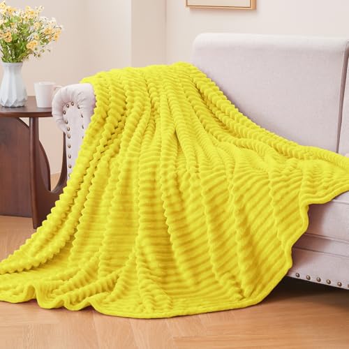 3D Ribbed Jacquard Yellow Fleece Twin Blanket for Bed (Yellow / Twin(60"x80"))