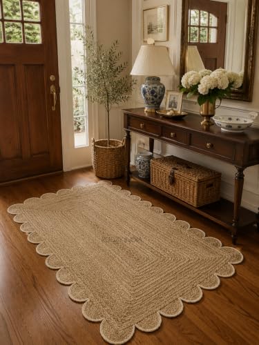 Scalloped Natural Jute Area Rug 3x5 Ft (3'x5' / Off-white)